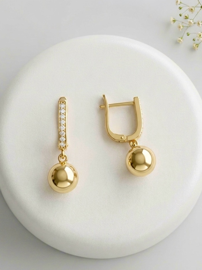 14k Gold Plated Cz Ball Drop Dangle Hoop Earrings | Minimal Elegant Jewelry